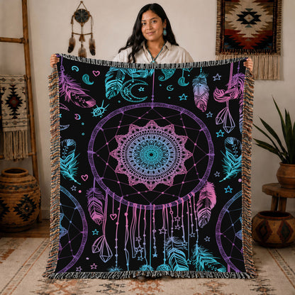 Dreamcatcher Woven Throw Blanket - Boho Feather Spiritual Decor