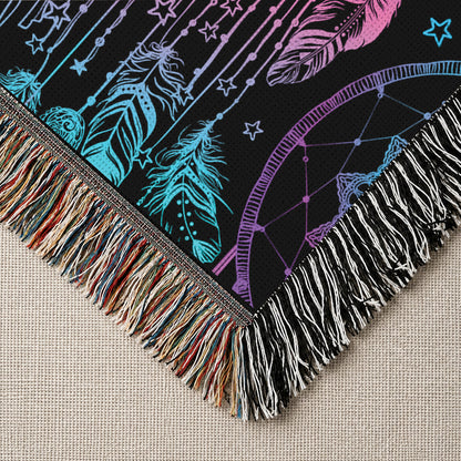Dreamcatcher Woven Throw Blanket - Boho Feather Spiritual Decor