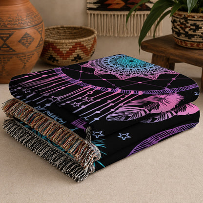 Dreamcatcher Woven Throw Blanket - Boho Feather Spiritual Decor