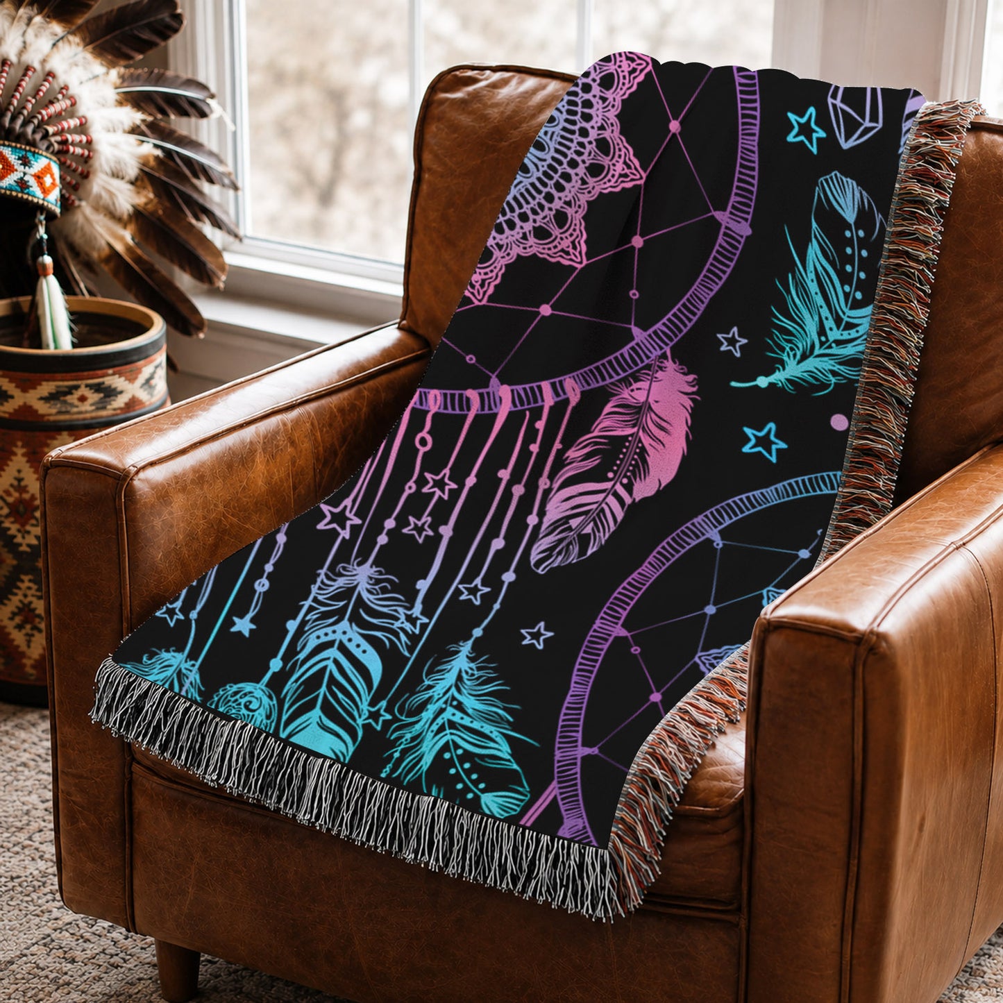 Dreamcatcher Woven Throw Blanket - Boho Feather Spiritual Decor