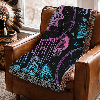 Dreamcatcher Woven Throw Blanket - Boho Feather Spiritual Decor