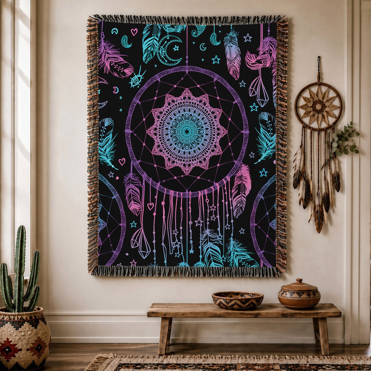 Dreamcatcher Woven Throw Blanket - Boho Feather Spiritual Decor