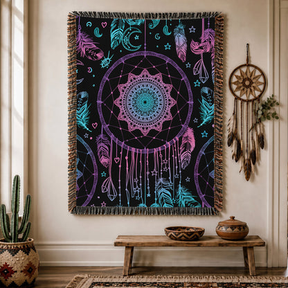 Dreamcatcher Woven Throw Blanket - Boho Feather Spiritual Decor
