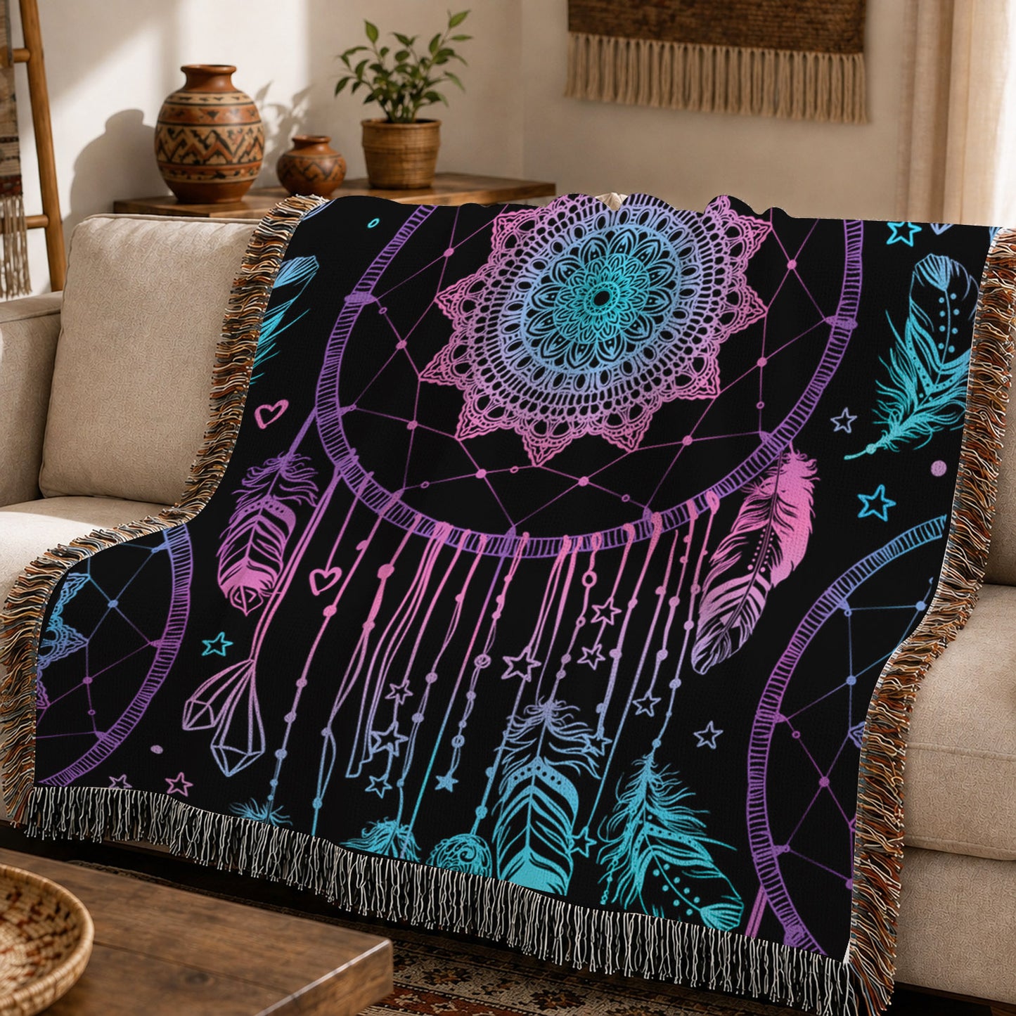 Dreamcatcher Woven Throw Blanket - Boho Feather Spiritual Decor