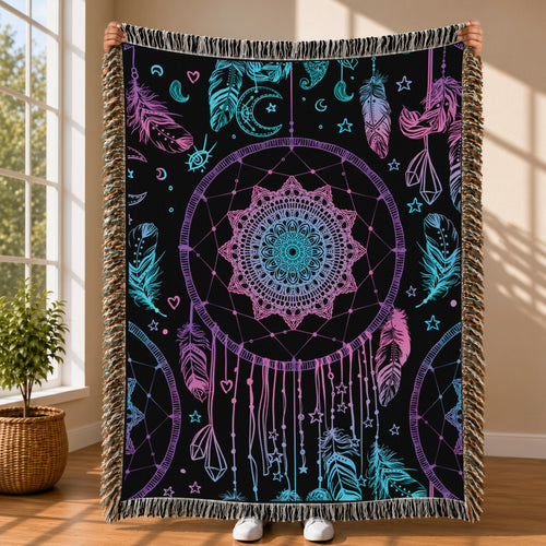 Dreamcatcher Woven Throw Blanket - Boho Feather Spiritual Decor