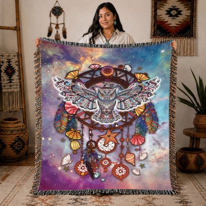 Native American Owl Woven Throw Blanket - Dreamcatcher Spiritual Decor