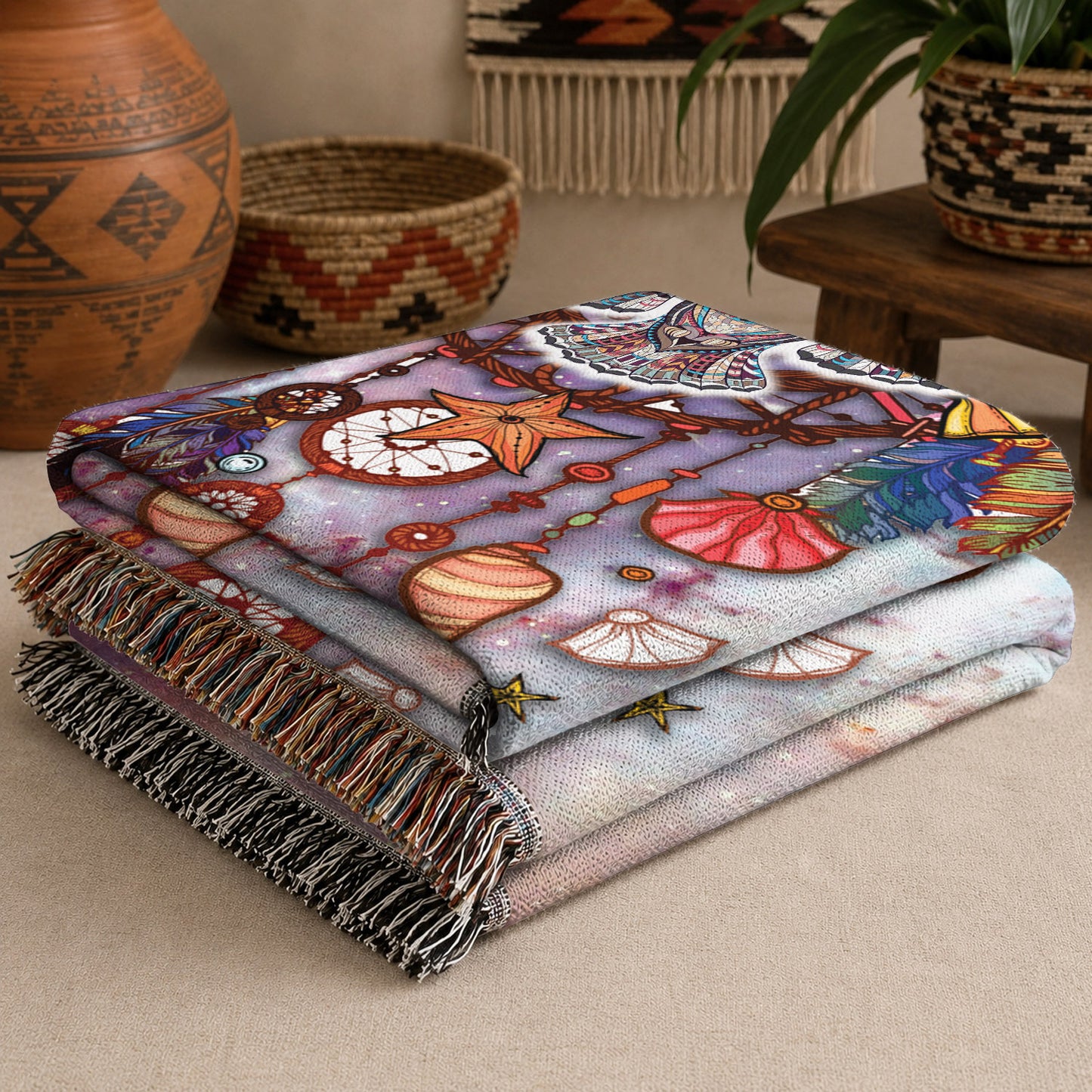Native American Owl Woven Throw Blanket - Dreamcatcher Spiritual Decor