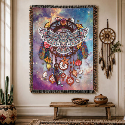 Native American Owl Woven Throw Blanket - Dreamcatcher Spiritual Decor