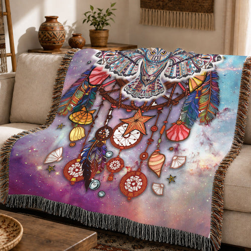 Native American Owl Woven Throw Blanket - Dreamcatcher Spiritual Decor