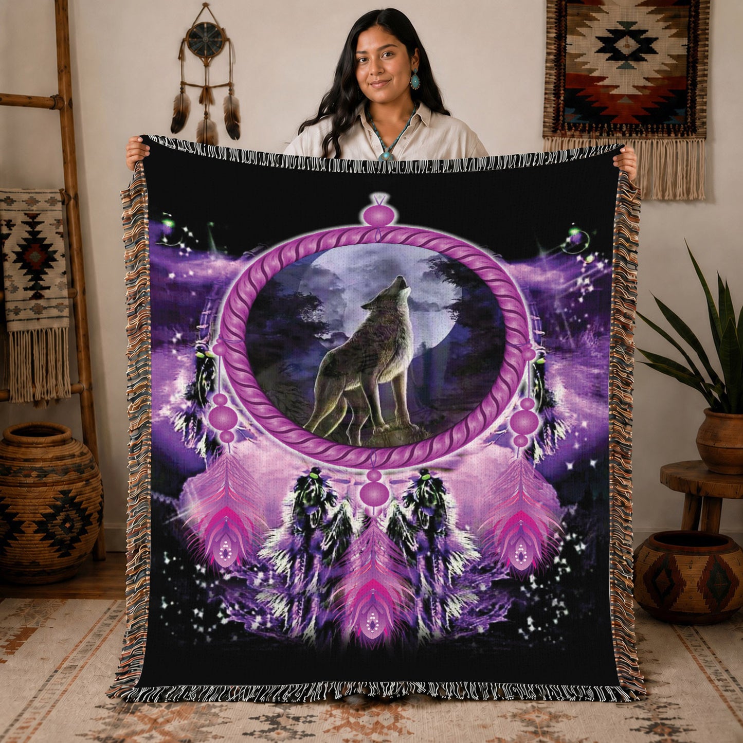 Native American Wolf Woven Throw Blanket - Dreamcatcher Decor