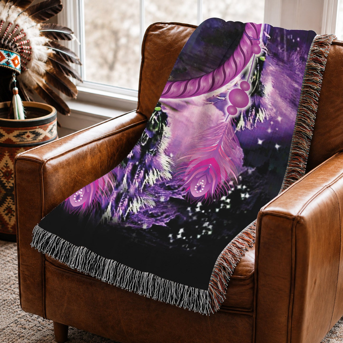 Native American Wolf Woven Throw Blanket - Dreamcatcher Decor