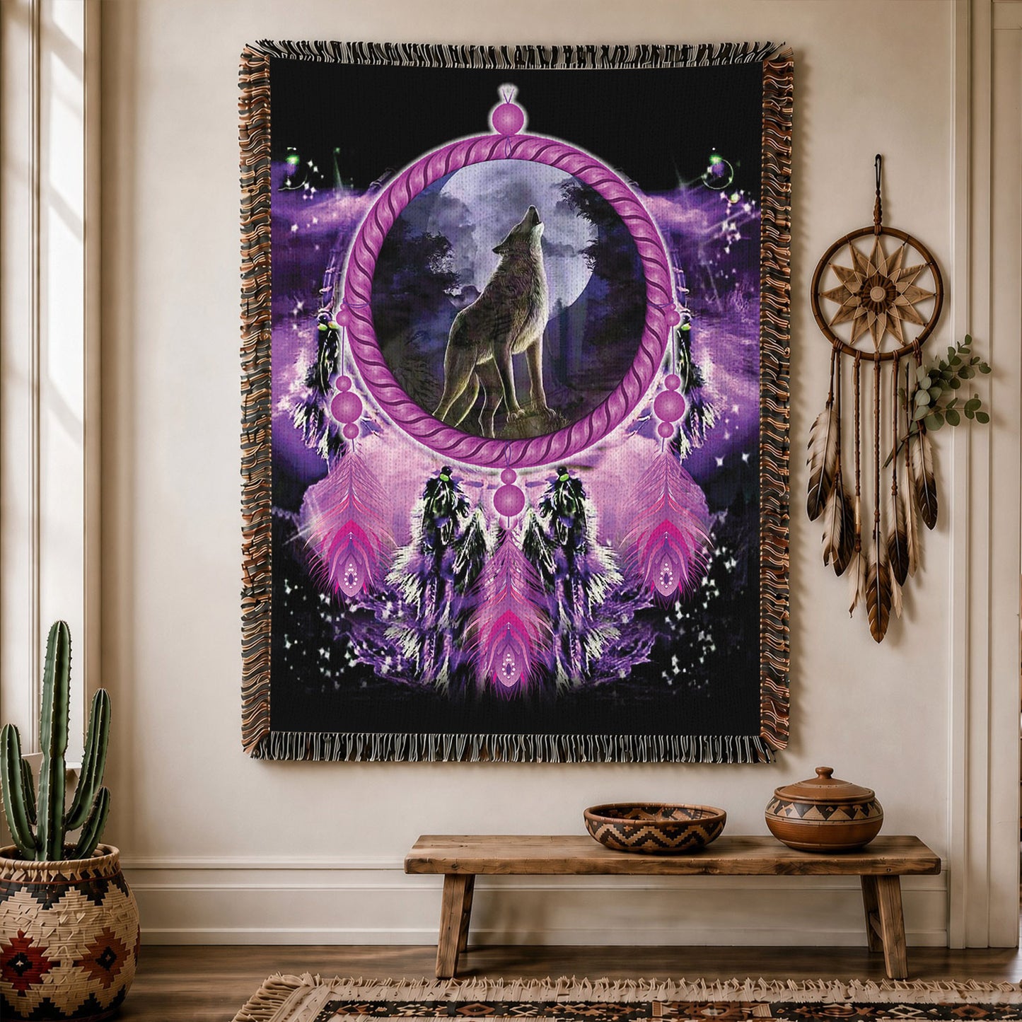 Native American Wolf Woven Throw Blanket - Dreamcatcher Decor