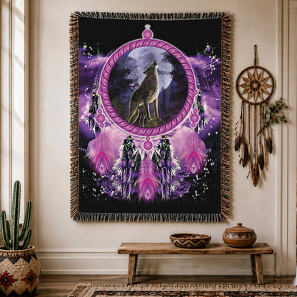 Native American Wolf Woven Throw Blanket - Dreamcatcher Decor