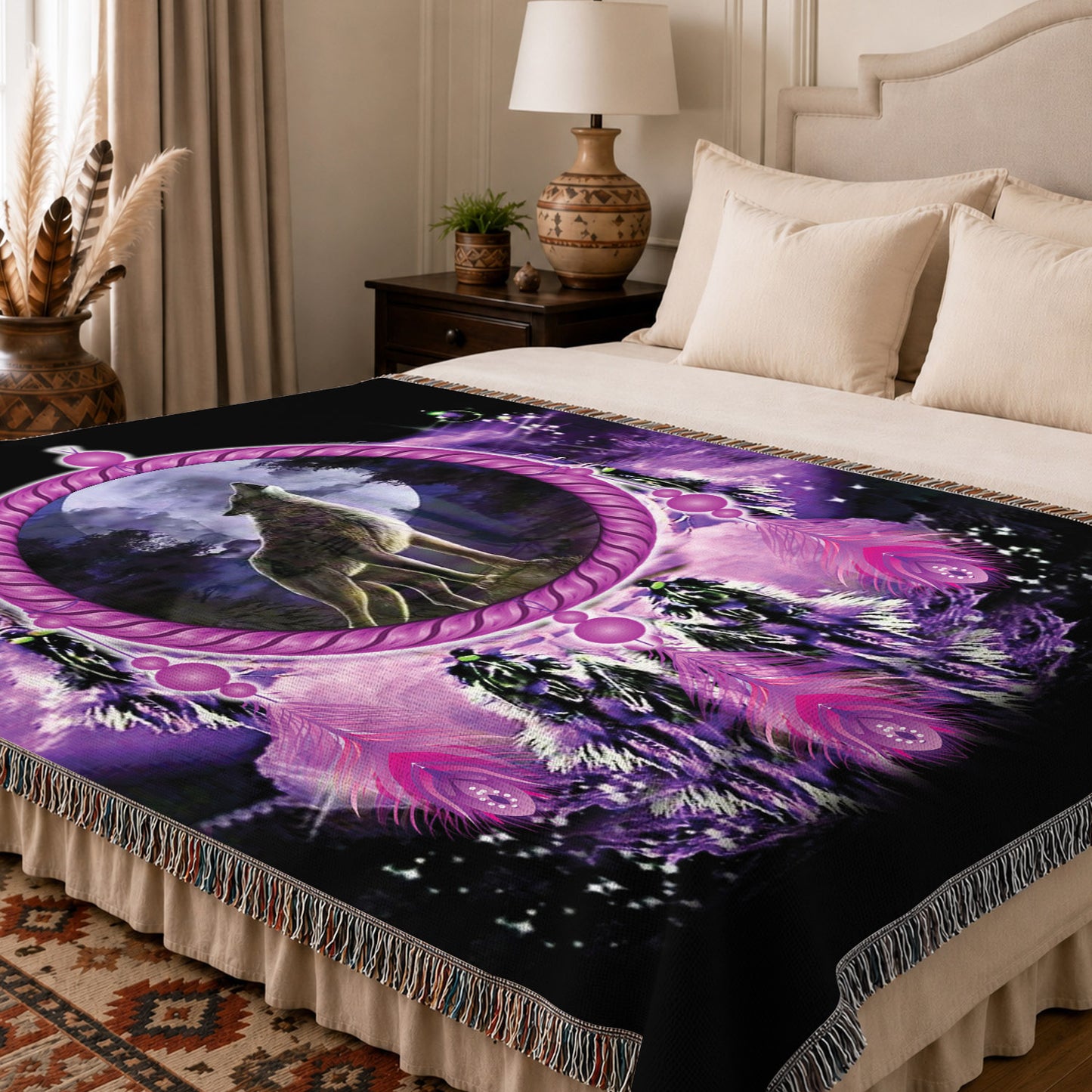Native American Wolf Woven Throw Blanket - Dreamcatcher Decor