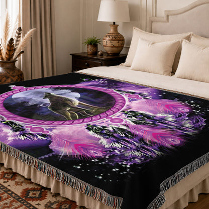 Native American Wolf Woven Throw Blanket - Dreamcatcher Decor