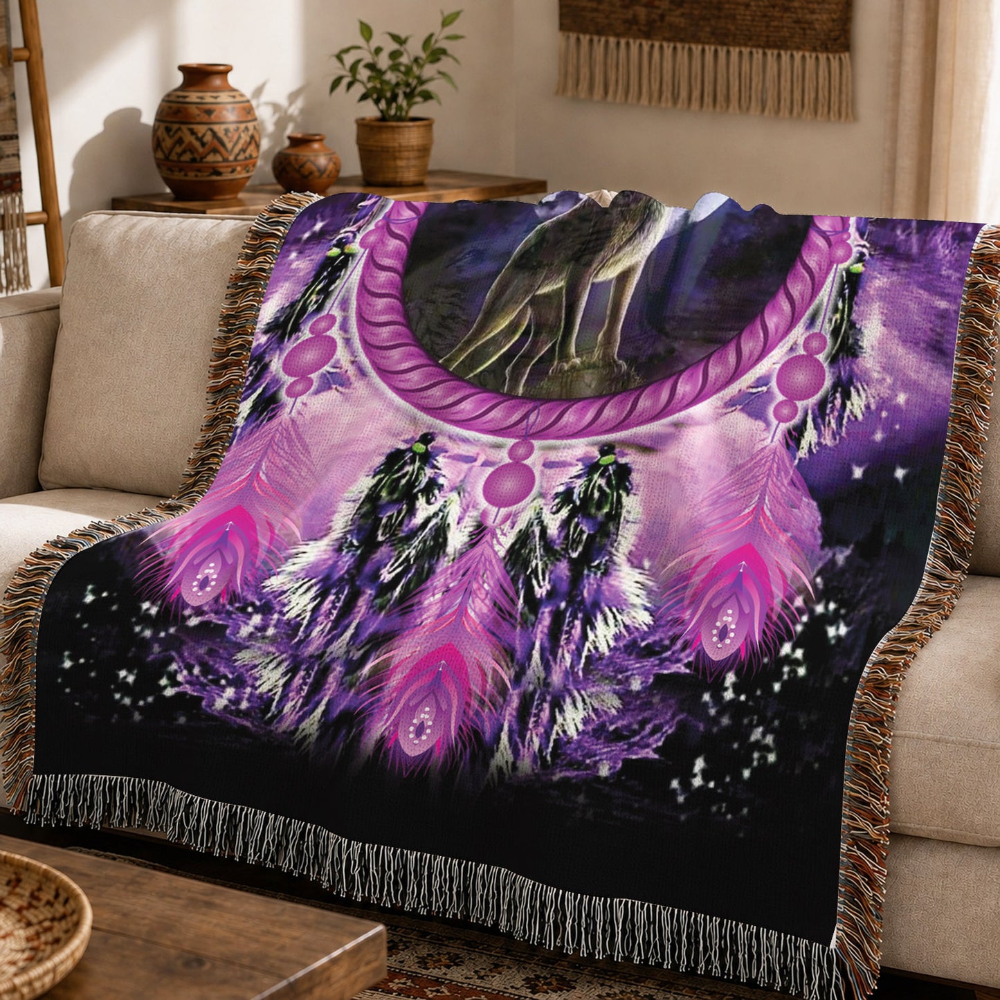Native American Wolf Woven Throw Blanket - Dreamcatcher Decor