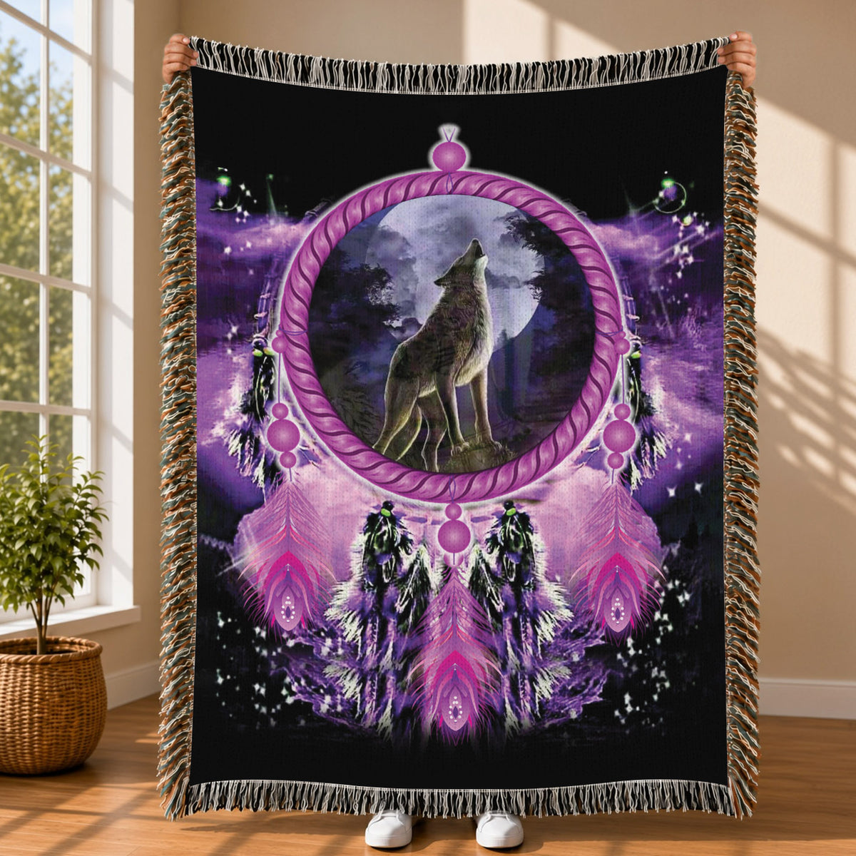 Native American Wolf Woven Throw Blanket - Dreamcatcher Decor