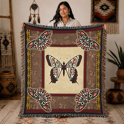 Native American Butterfly Woven Throw Blanket - Tribal Home Decor
