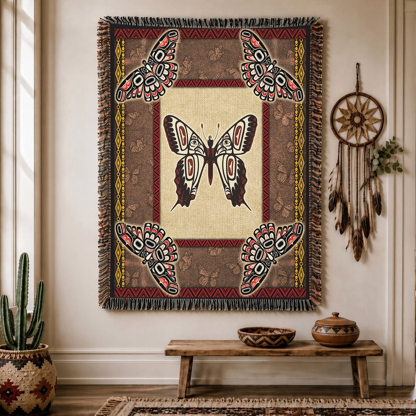 Native American Butterfly Woven Throw Blanket - Tribal Home Decor