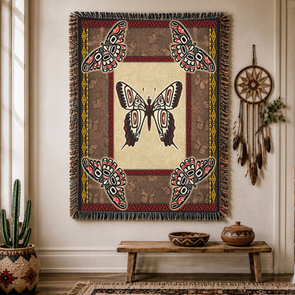 Native American Butterfly Woven Throw Blanket - Tribal Home Decor