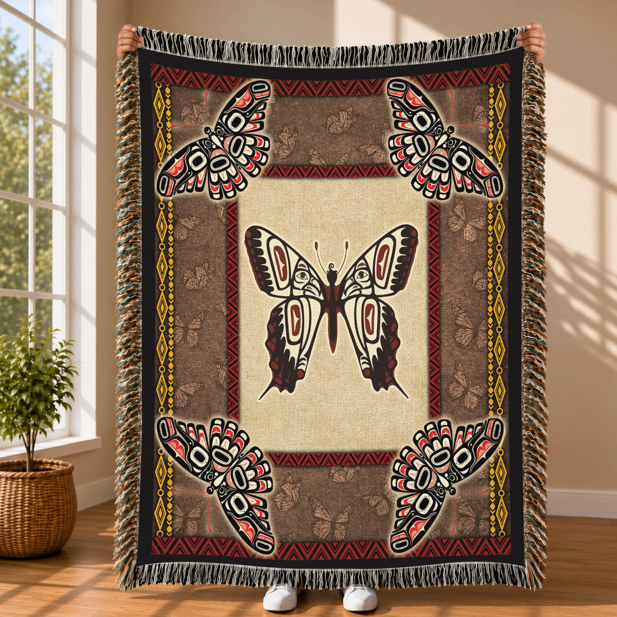 Native American Butterfly Woven Throw Blanket - Tribal Home Decor