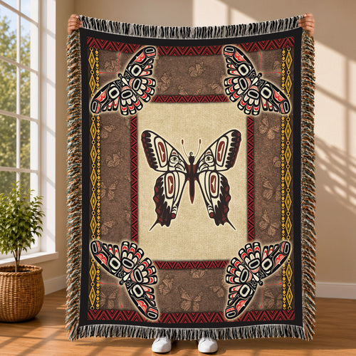 Native American Butterfly Woven Throw Blanket - Tribal Home Decor