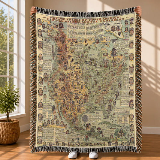 Native American Map Woven Throw Blanket - Tribal Heritage Blanket