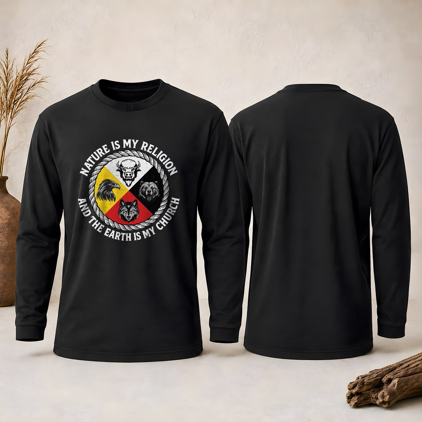 Nature Is My Religion, The Earth Is My Church - Four Animals Medicine Wheel Unisex Long Sleeve
