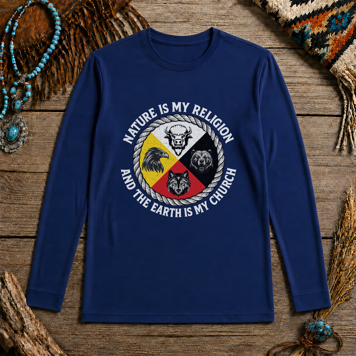 Nature Is My Religion, The Earth Is My Church - Four Animals Medicine Wheel Unisex Long Sleeve
