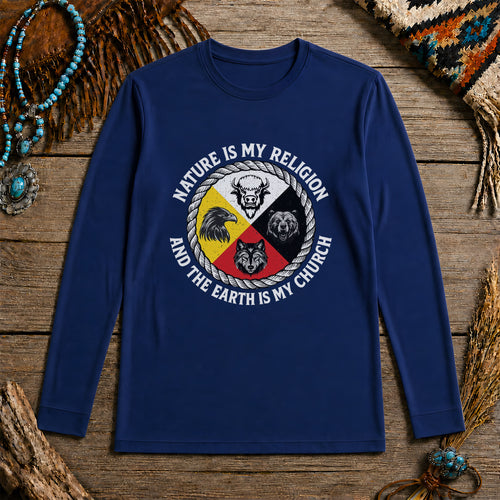 Nature Is My Religion, The Earth Is My Church - Four Animals Medicine Wheel Unisex Long Sleeve