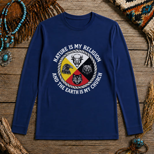 Nature Is My Religion, The Earth Is My Church - Four Animals Medicine Wheel Unisex Long Sleeve