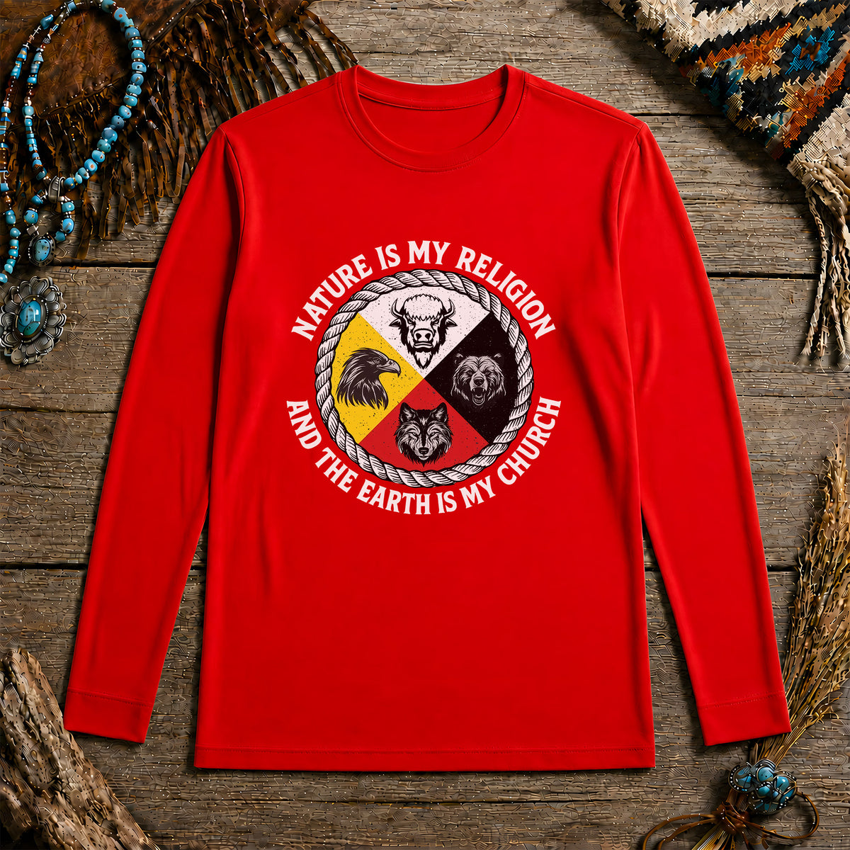 Nature Is My Religion, The Earth Is My Church - Four Animals Medicine Wheel Unisex Long Sleeve