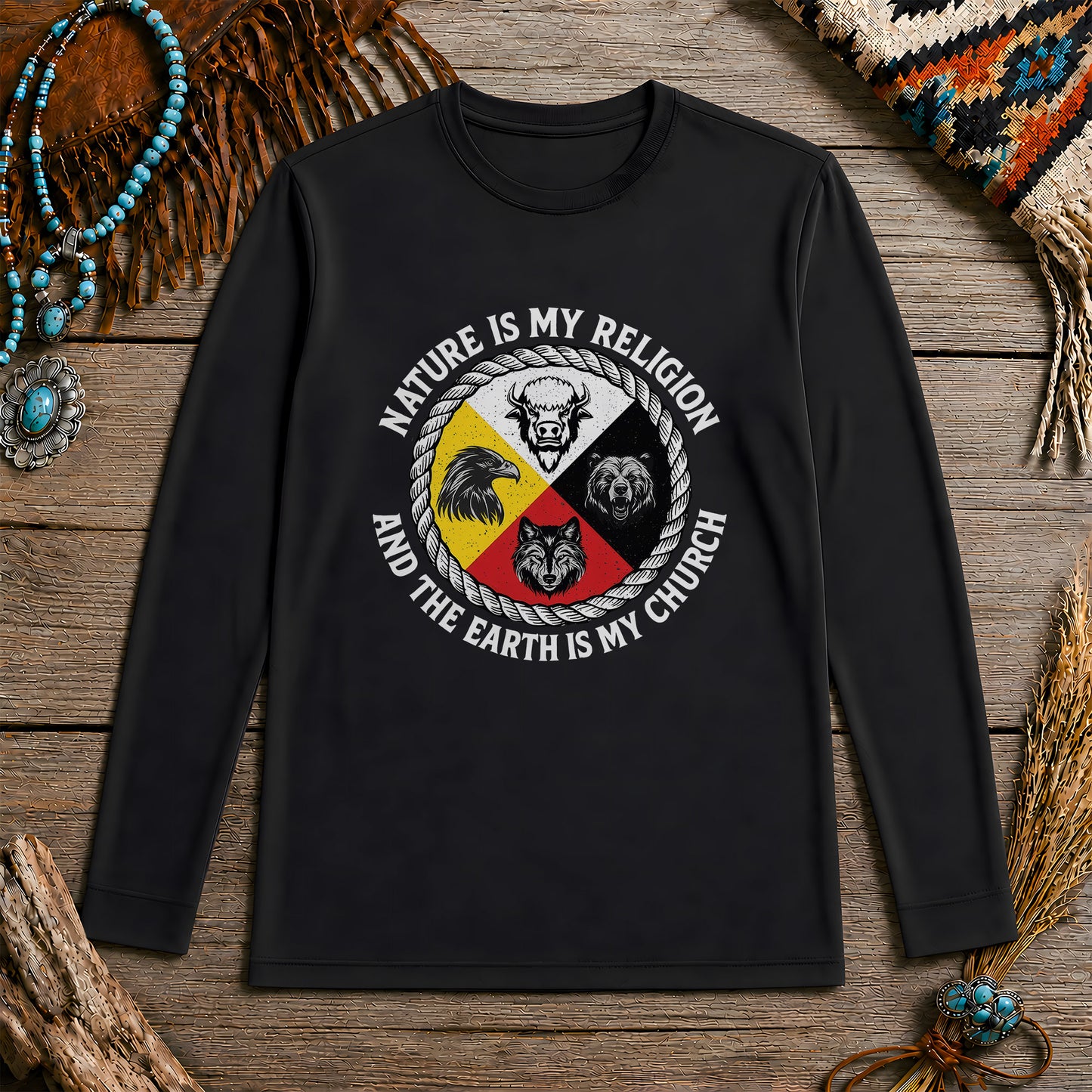 Nature Is My Religion, The Earth Is My Church - Four Animals Medicine Wheel Unisex Long Sleeve