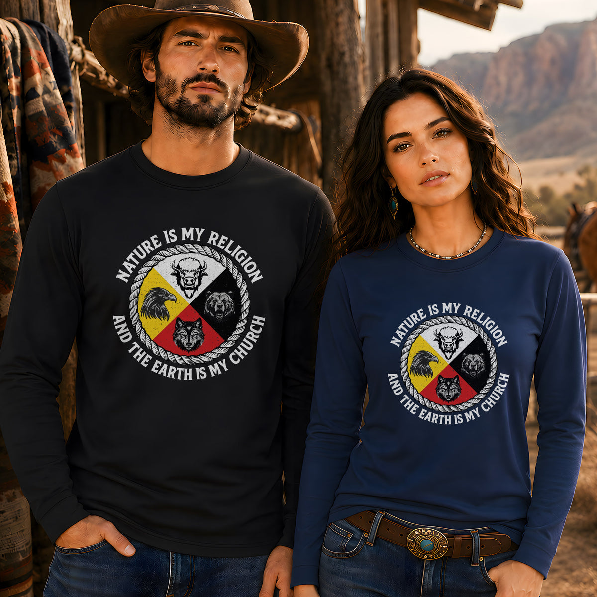Nature Is My Religion, The Earth Is My Church - Four Animals Medicine Wheel Unisex Long Sleeve
