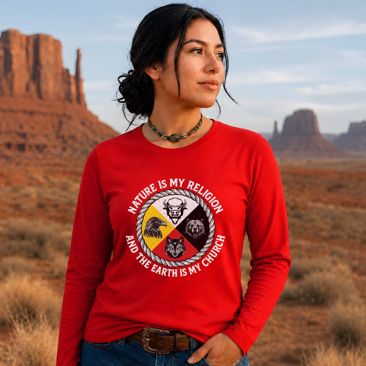 Nature Is My Religion, The Earth Is My Church - Four Animals Medicine Wheel Unisex Long Sleeve