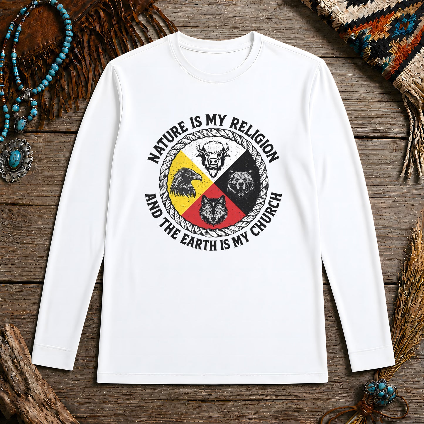Nature Is My Religion, The Earth Is My Church - Four Animals Medicine Wheel Unisex Long Sleeve