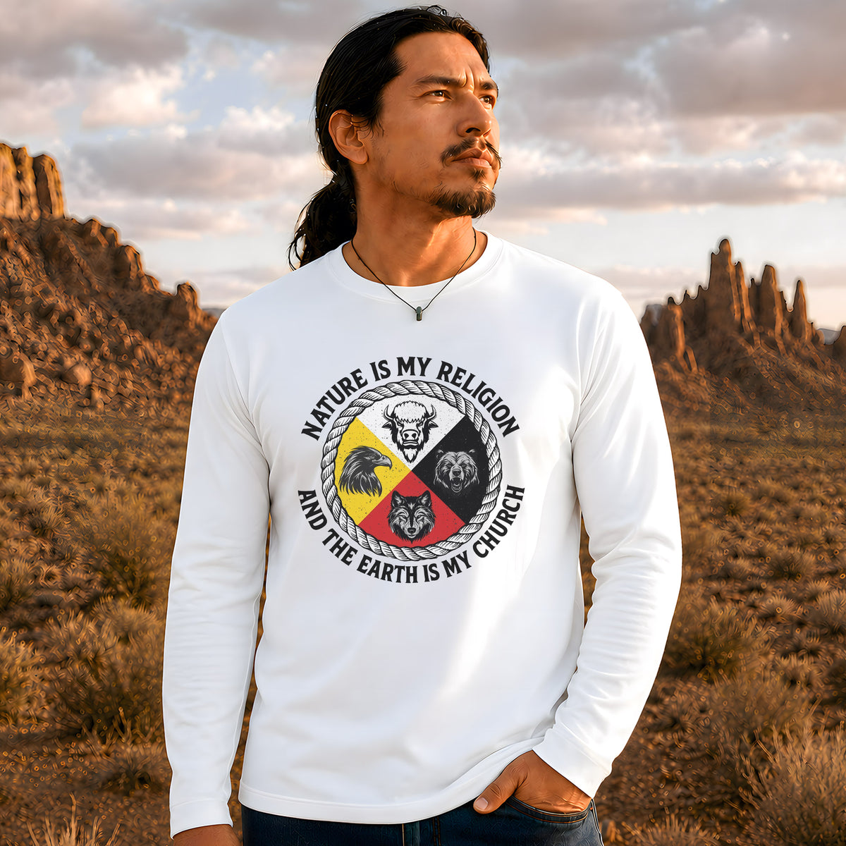 Nature Is My Religion, The Earth Is My Church - Four Animals Medicine Wheel Unisex Long Sleeve
