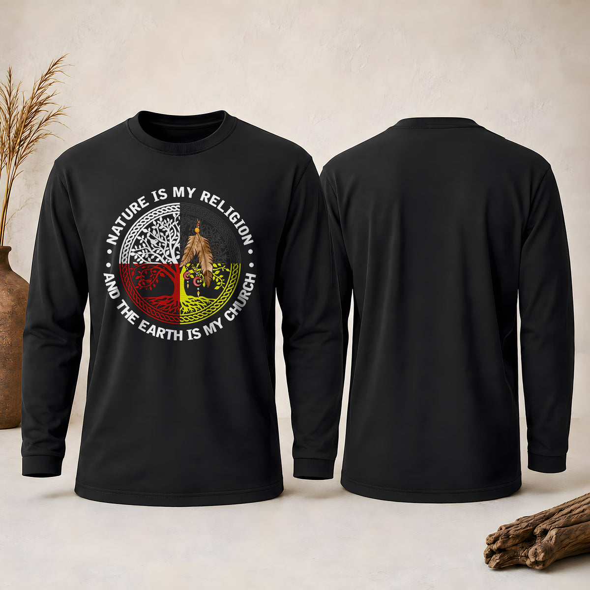 Nature & Earth Quote - Tree/Feather Wheel Graphic Unisex Long Sleeve
