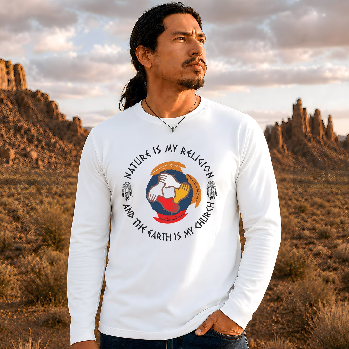 Nature Is My Religion, The Earth Is My Church - Unity Hands & Feathers Unisex Long Sleeve