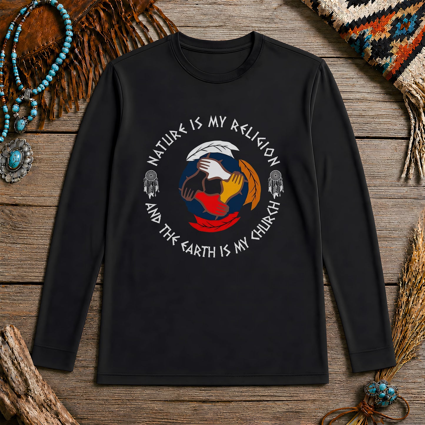 Nature Is My Religion, The Earth Is My Church - Unity Hands & Feathers Unisex Long Sleeve