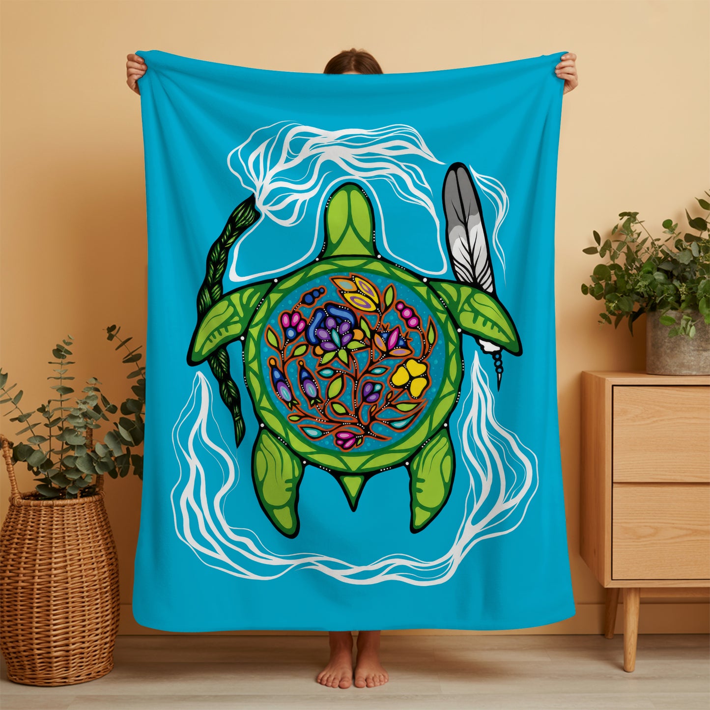 Native American Turtle Fleece Blanket, Indigenous Spirit Gift