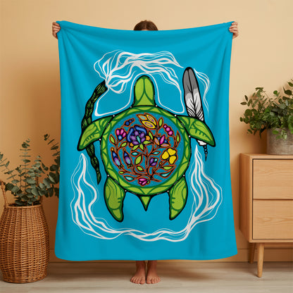 Native American Turtle Fleece Blanket, Indigenous Spirit Gift