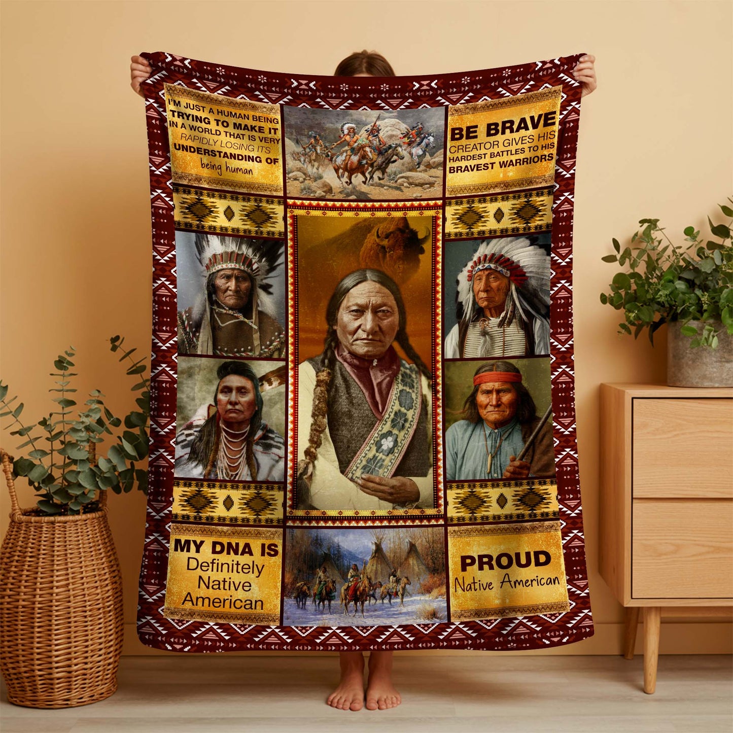 Native American Be Brave Chief Warriors Throw Fleece Blanket - Cultural Indian Heritage