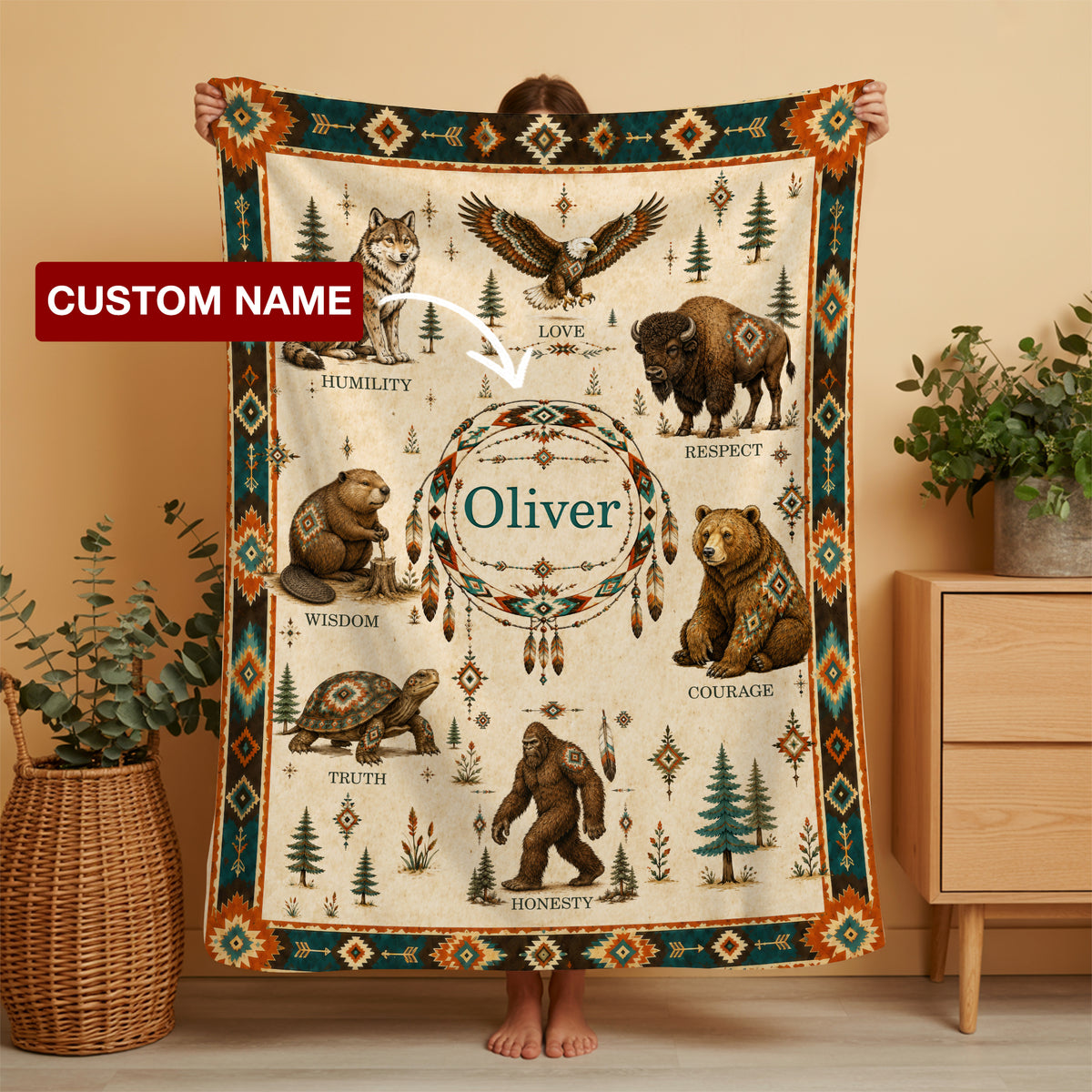 Custom Name Native American Animal Spirit Fleece Blanket