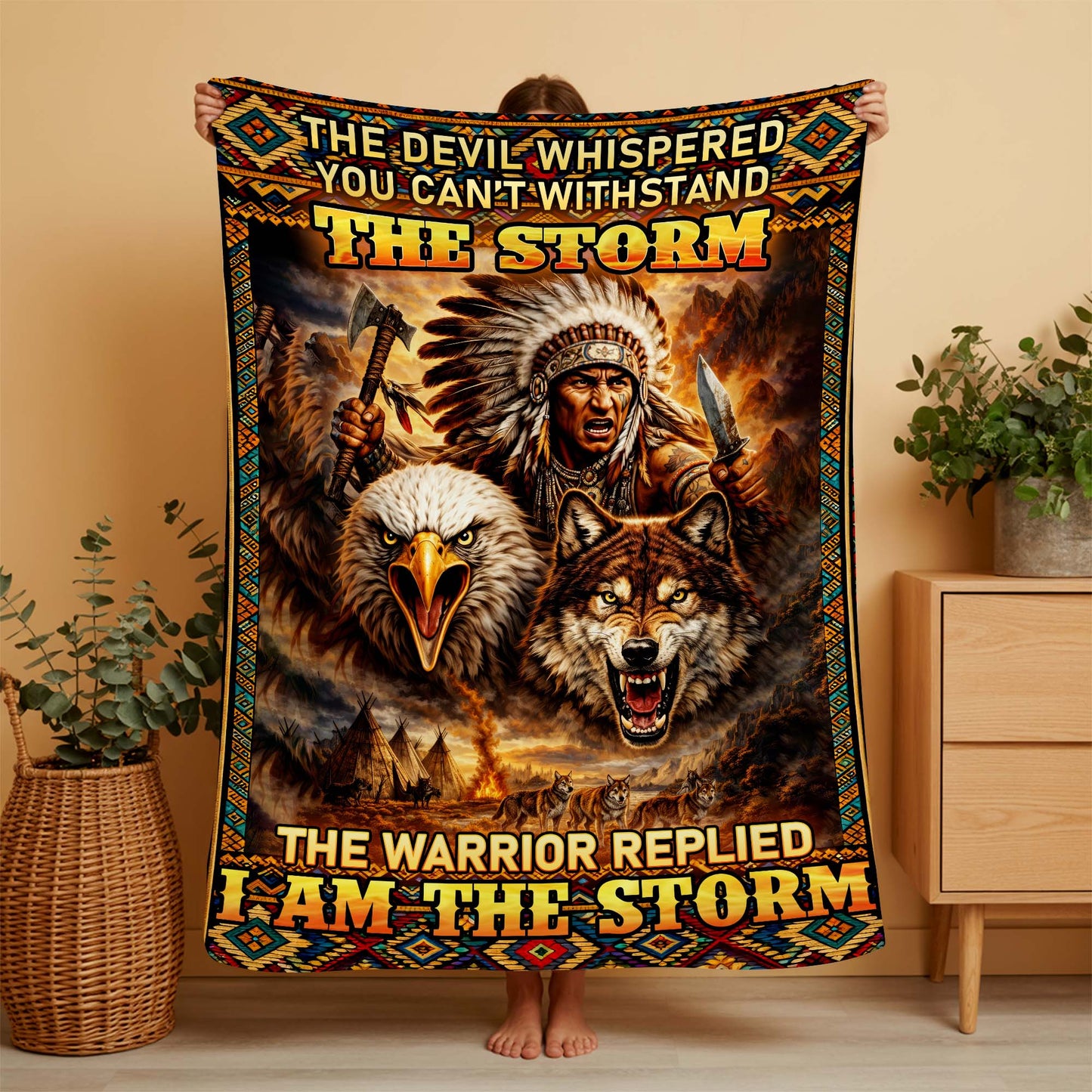 Native Warrior I Am The Storm Sacred Wildlife Fleece Blanket