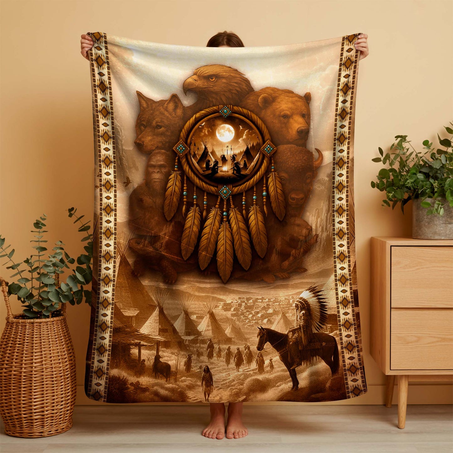 Native American Dreamcatcher Spirit Animals Sacred Vision Design for Blanket