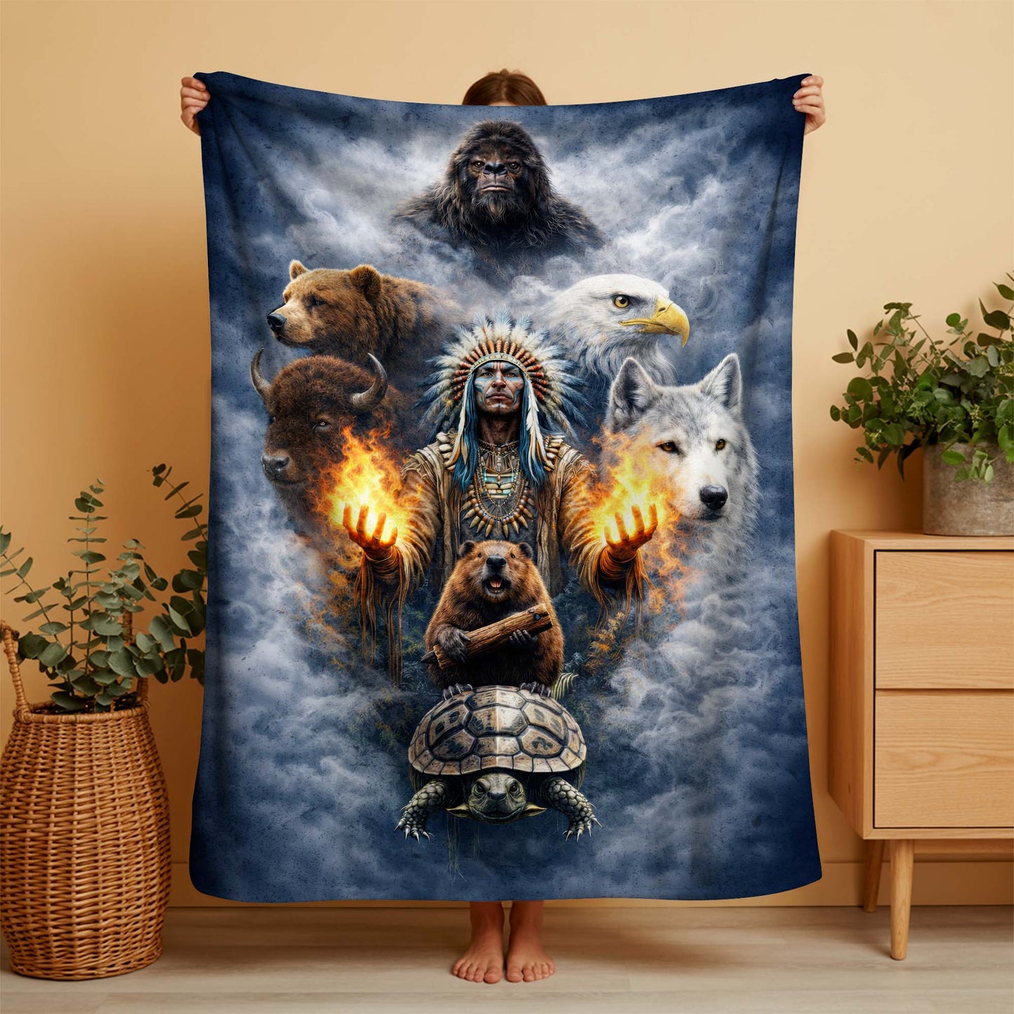 Native American Spirit Animal - Chief with The Seven Teachings Design for Blanket