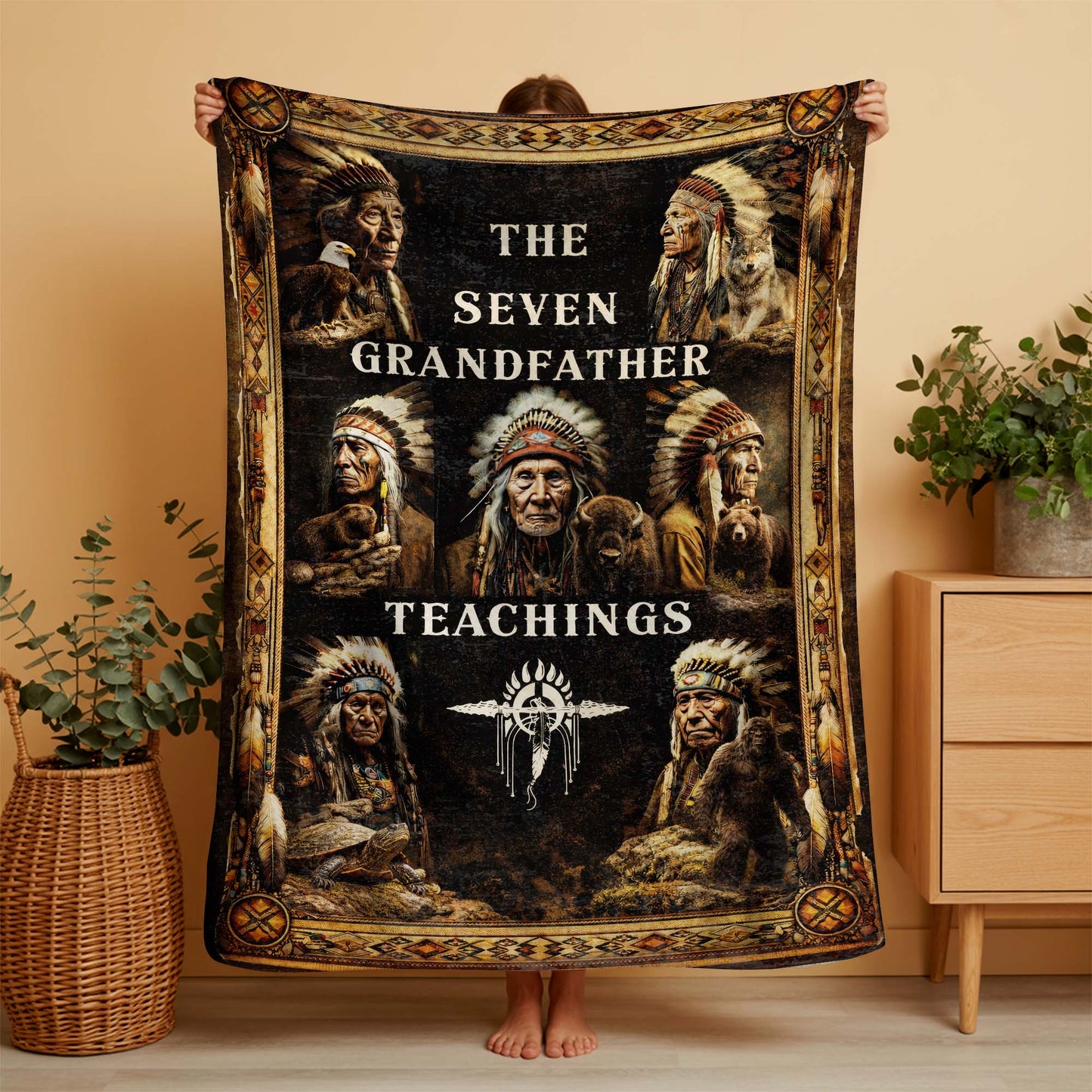 The Seven Grandfather Teachings - Native American Chiefs and Spirit Animal Design for Blanket