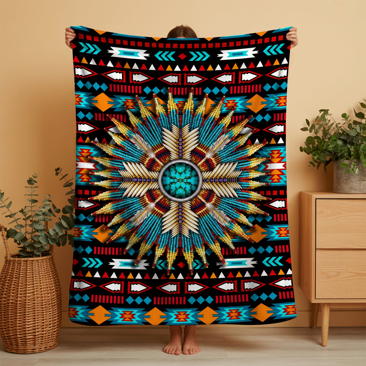 Sacred Feather Mandala Native Spirit Turquoise Tribal Throw Decor Fleece Blanket