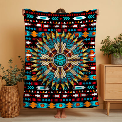 Sacred Feather Mandala Native Spirit Turquoise Tribal Throw Decor Fleece Blanket
